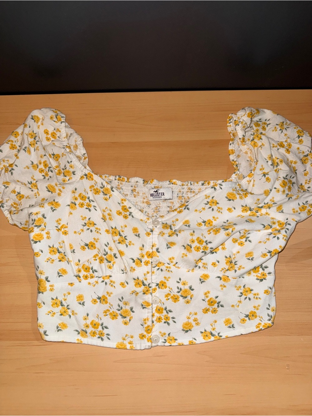 Hollister White Crop Top with Yellow Floral Puff Sleeves